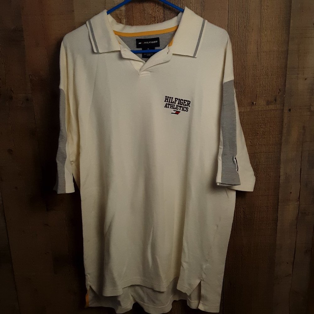 Tommy Hilfiger Athletics Vintage Polo Shirt Cream Gray Yellow Sz XL